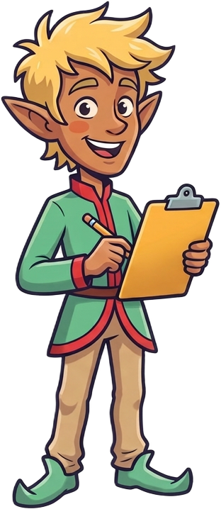 An elf keeping the Nice List on a clipboard