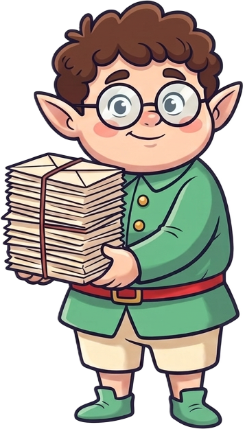 An elf carrying a bundle of letters