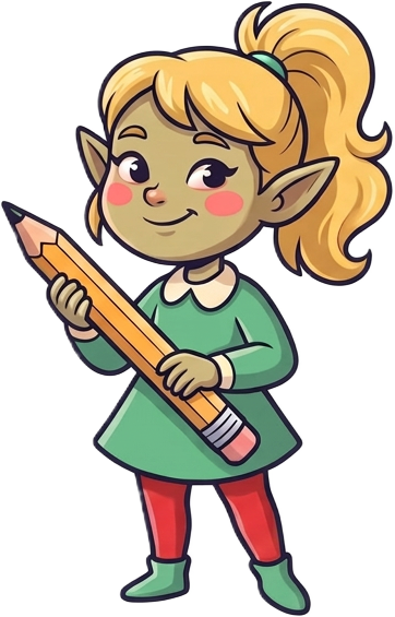 A small elf holding a giant pencil